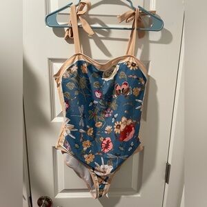 Floral Blue Dragonfly One Piece Swimsuit and Sash Skirt